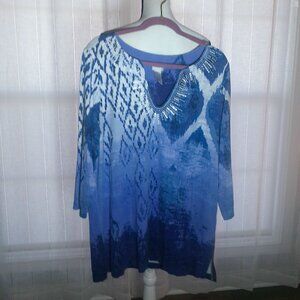CHICO'S 3/4 Sleeve V-Neck Contemporary Design Blue/White Tunic 3